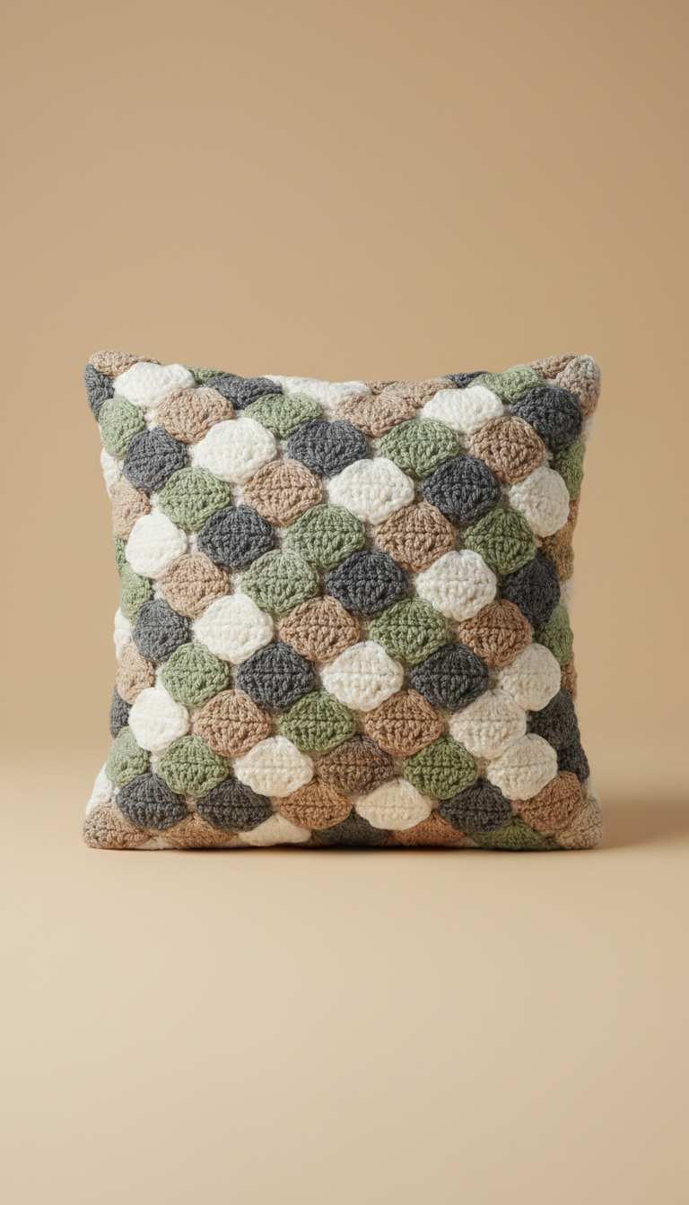 Housse de coussin motif galet crocheté